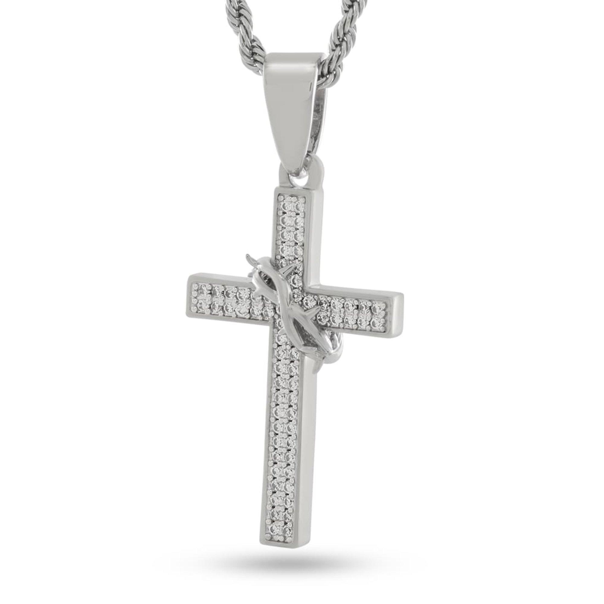 King Ice Crown of Thorns Wrapped Cross Necklace - Silver - SILVER
